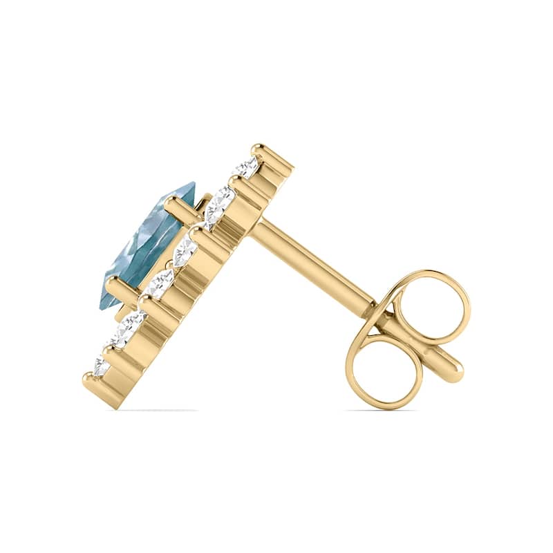 Marquee Oval Shape Aquamarine and Diamond Flower Earrings in 14K Yellow Gold