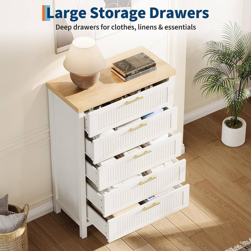 Modern Fluted Dresser with 5 Storage Drawers, Organizer Cabinet for Living Room, Bedroom