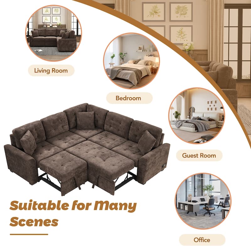 Convertible L-Shape Sofa Bed with Wheels, USB Ports, and Power Outlets