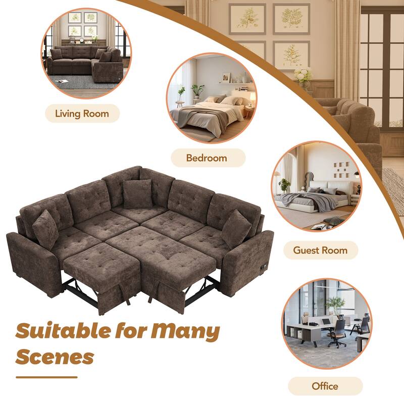 Roomfitters Pull-Out L-Shape Sofa Bed with Wheels, USB Ports, and Power Sockets, Functional Sleeper Sofa for Living Room Comfort