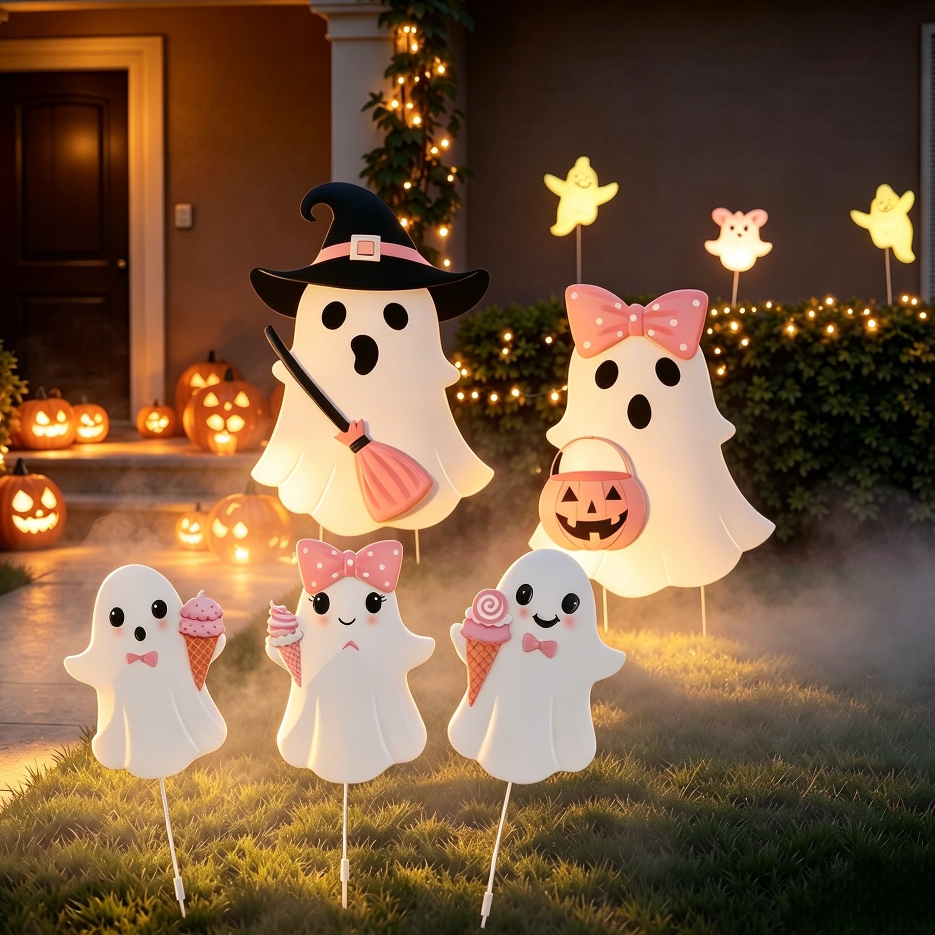 Glitzhome Happy Halloween Metal Pink Ghosts Set Yard Stakes