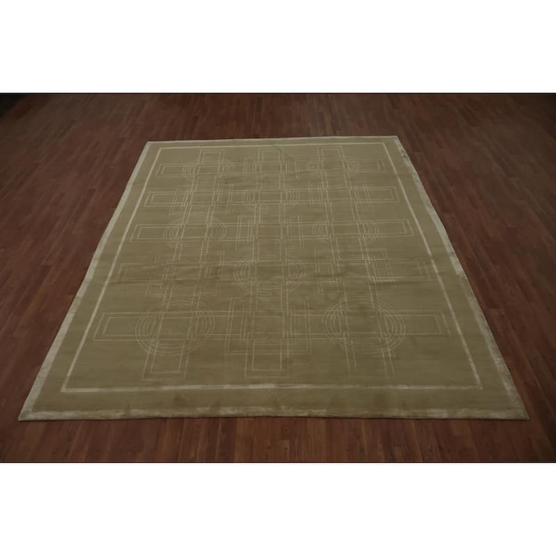 Hand Knotted Oriental Wool & Silk Carpet Modern Geometric Beige & Ivories Nepalese Area Rug - 10' 0'' X 8' 1''