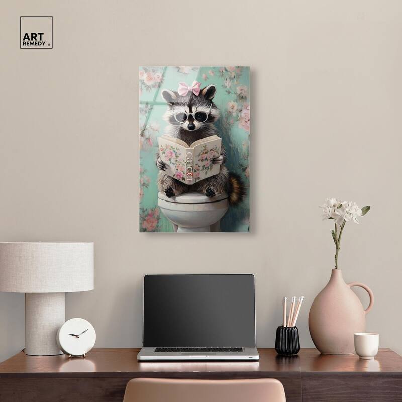 Petite Floral Toilet Raccoon Acrylic by Art Remedy, Ready to Hang