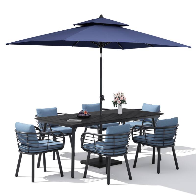 9/11-PieceOutdoor Patio Dining Set with Sunbrella Cushions Aluminum Dining Table and Chairs w/10 ft Umbrella and Base