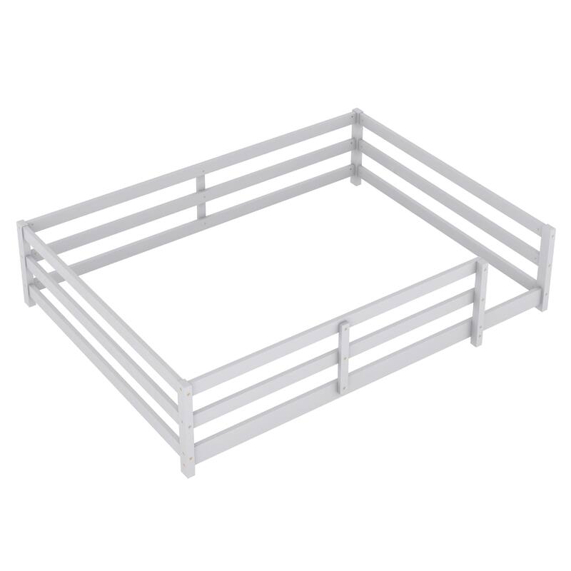 Toddler Montessori Bed Kids Floor Bed Frame with Fences, No Slats Wood Frame Bed for Kids Girls Boys Children's Room