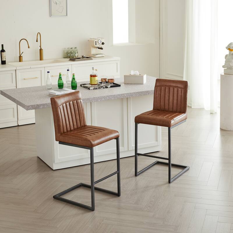 Set of 2 Bar Stool - 26-Inch Counter Height, Vertical Tufted Backrest, Sturdy Black Metal Frame with Footrest - Cognac