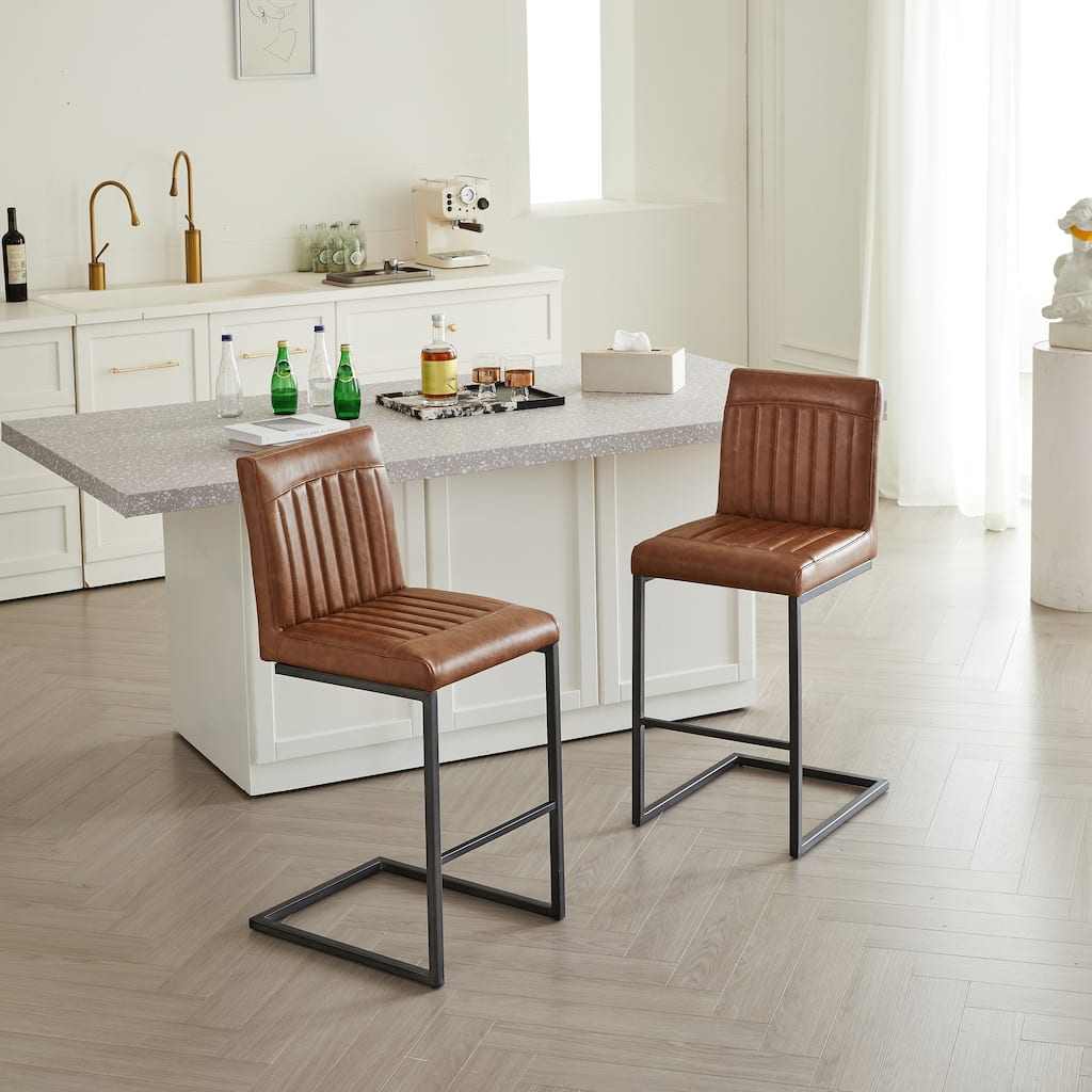 Set of 2 Bar Stool - 26-Inch Counter Height, Vertical Tufted Backrest, Sturdy Black Metal Frame with Footrest