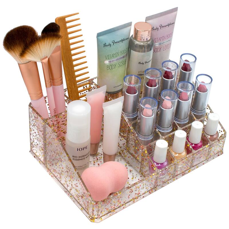 Sorbus 16 Slot Glitter Acrylic Makeup Organizer for Vanity and Bathroom - 8.75" L x 6" W x 3" H