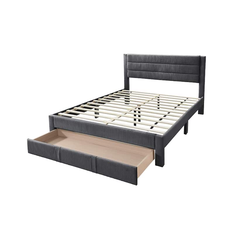 Queen Size Corduroy Platform Bed with Storage Drawer and Channel-Tufted Headboard and Contemporary Design