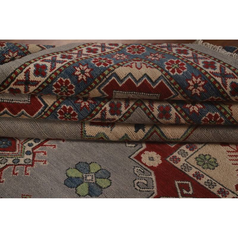Gray Geometric Kazak Oriental Area Rug Handmade Wool Carpet - 9'11"x 13'3"