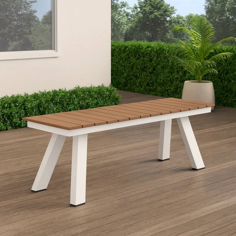Zia 54 Inch Outdoor Dining Bench, Brown Polyresin Top, White Aluminum Frame