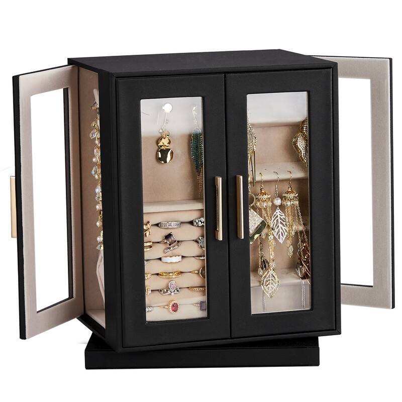 FCH 4 Sides with Storage 5 Drawers Rotatable Black Cabinet Pink Velvet Jewelry Case