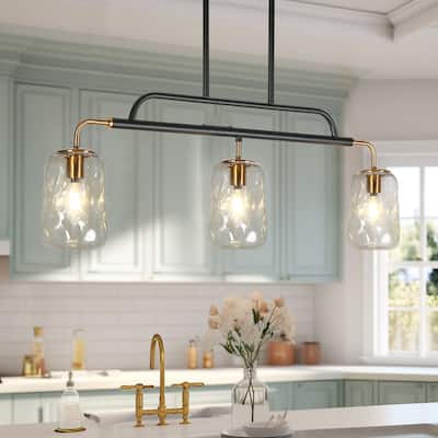 Modern 3-Light Glass Island Chandelier Linear Black Gold Pendant Lights - D 30.5" x H 22.8"