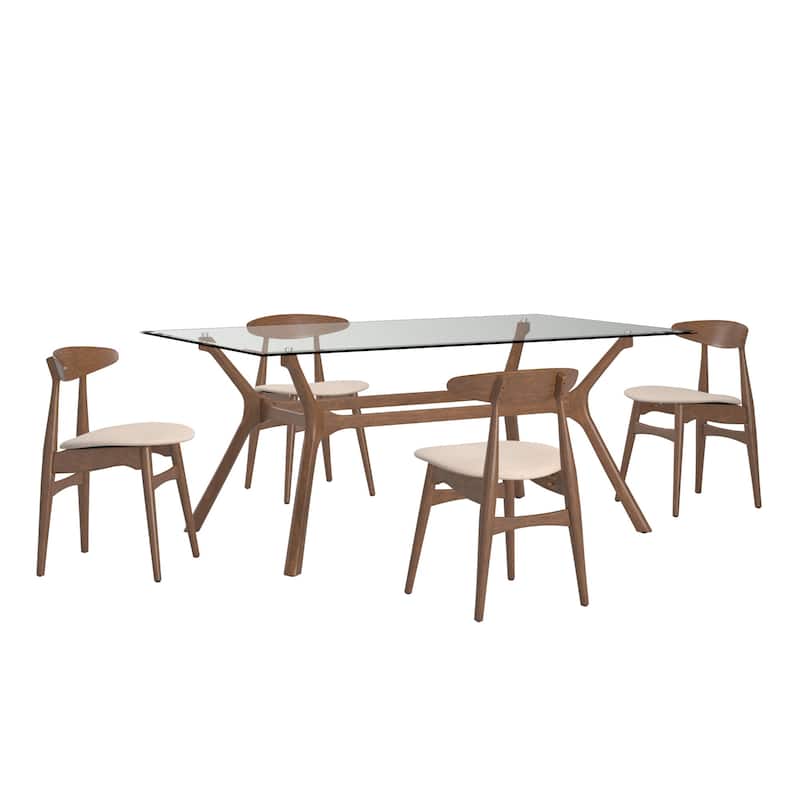 Nadine Dark Walnut Finish Glass Table Top Rectangular Dining Set - Curved Back Chairs by iNSPIRE Q Modern - 5 Piece - Beige
