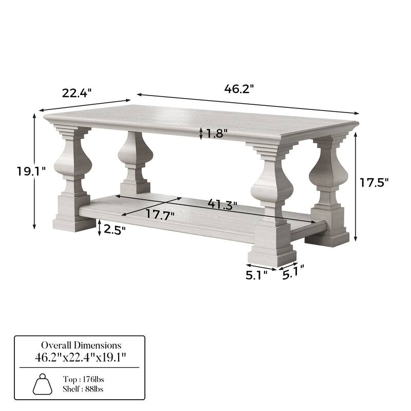 Solid Wood Coffee Table with Storage Shelf, White Washed Rustic Living Room Center Table