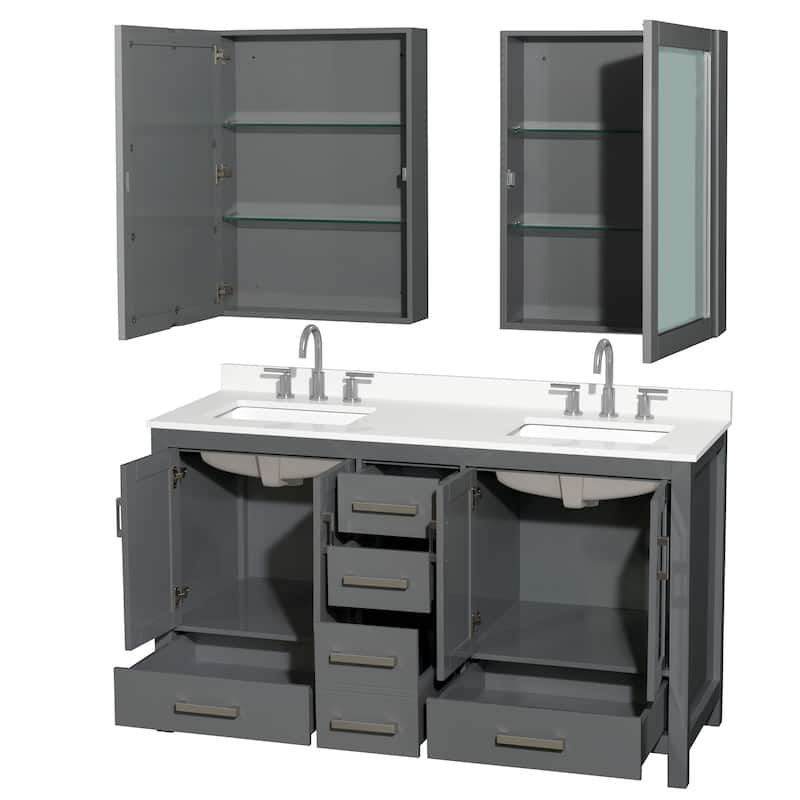Sheffield 60-inch Double Vanity, 3 Hole Quartz Top, Med Cabinets