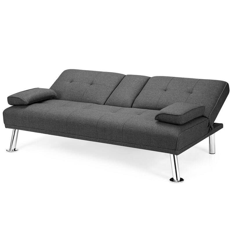 Convertible Folding Futon Sofa Bed Fabric with 2 Cup Holders - 66" x 31.5" x 29.5"