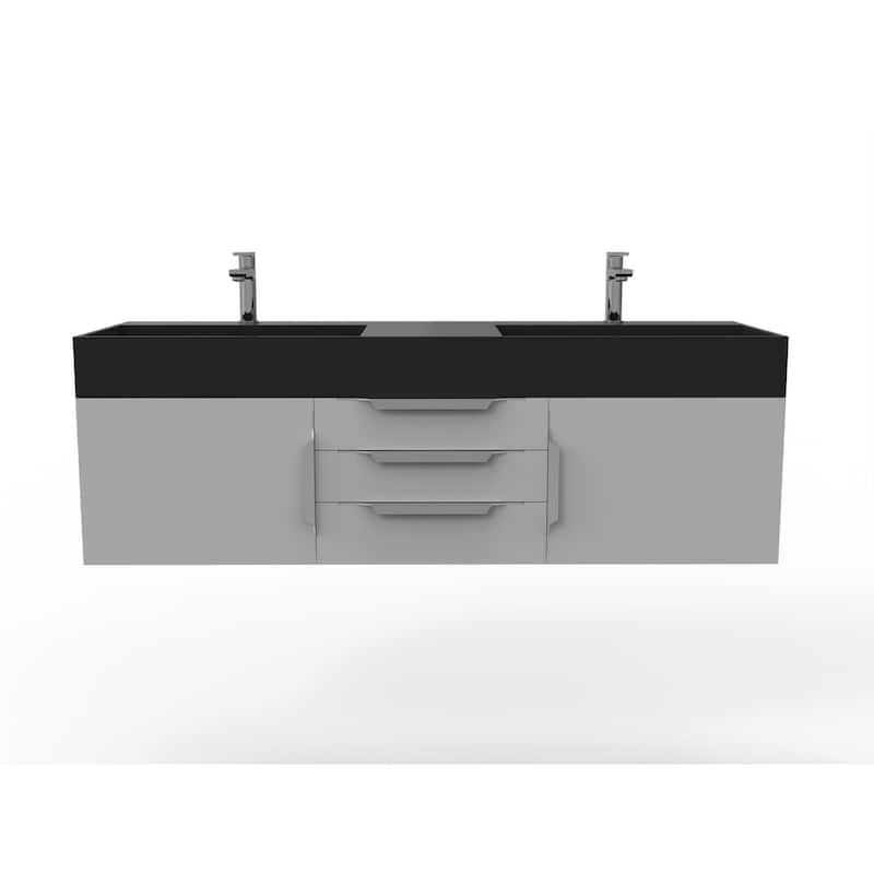 Amazon 60" Wall Mounted Bathroom Vanity Set w/ Black Top - Grey - Brushed Nickel Finish