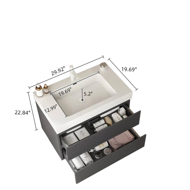 GDFStudio - Veno 30" Floating Bathroom Vanity with Striped 2 Drawer & White Integrated Rectangular Basin, WITHOUT Faucet