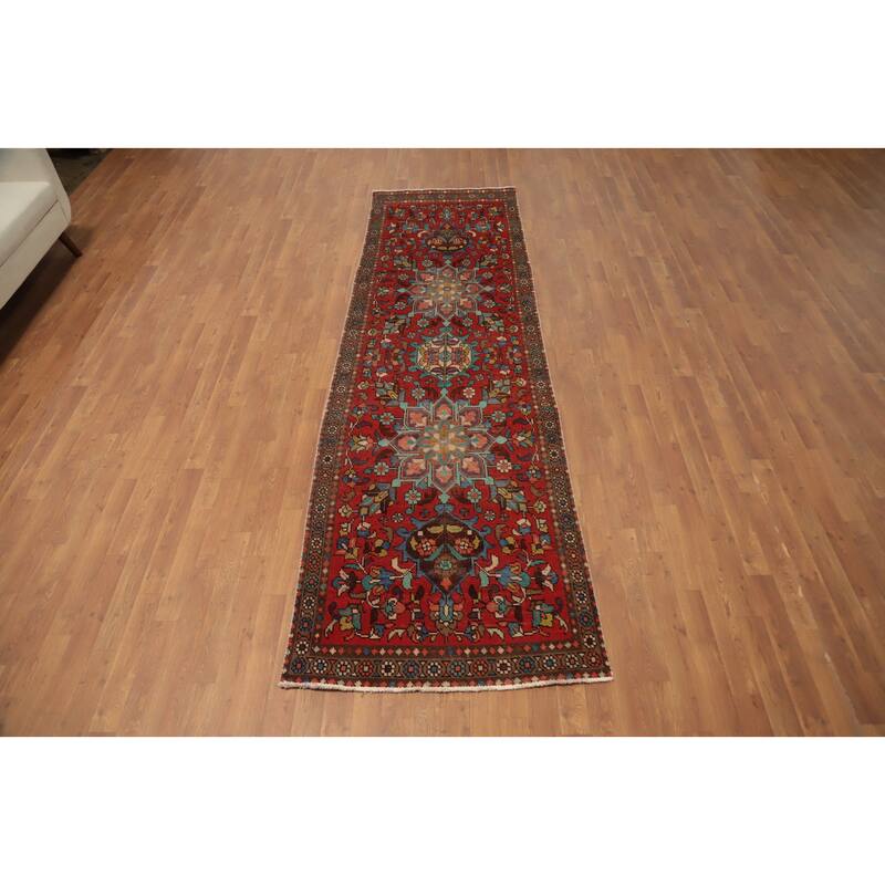 Hand Knotted Oriental 100% Wool Carpet Traditional Floral Red Tabriz Runner Rug - 10' 6'' X 3' 1''