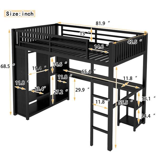 Twin XL Size Metal Loft Bed with Built-in Wardrobe, Desk and Storage Shelves