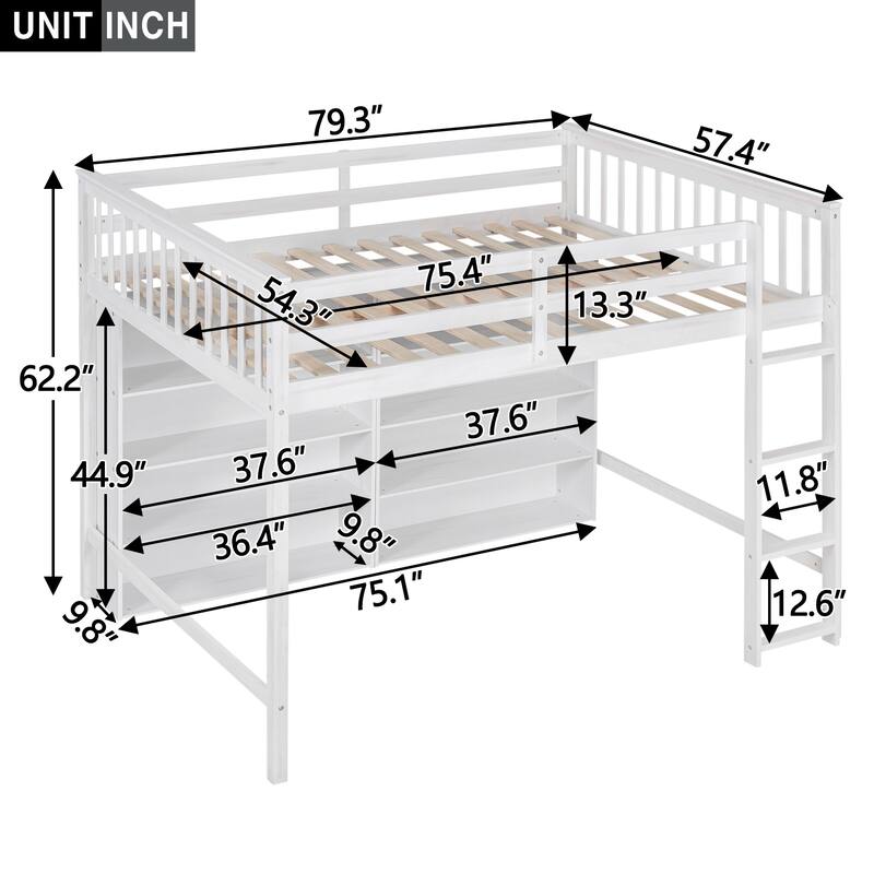 Full Size Loft Bed with 8 Open Storage Shelves and BuiltIn
