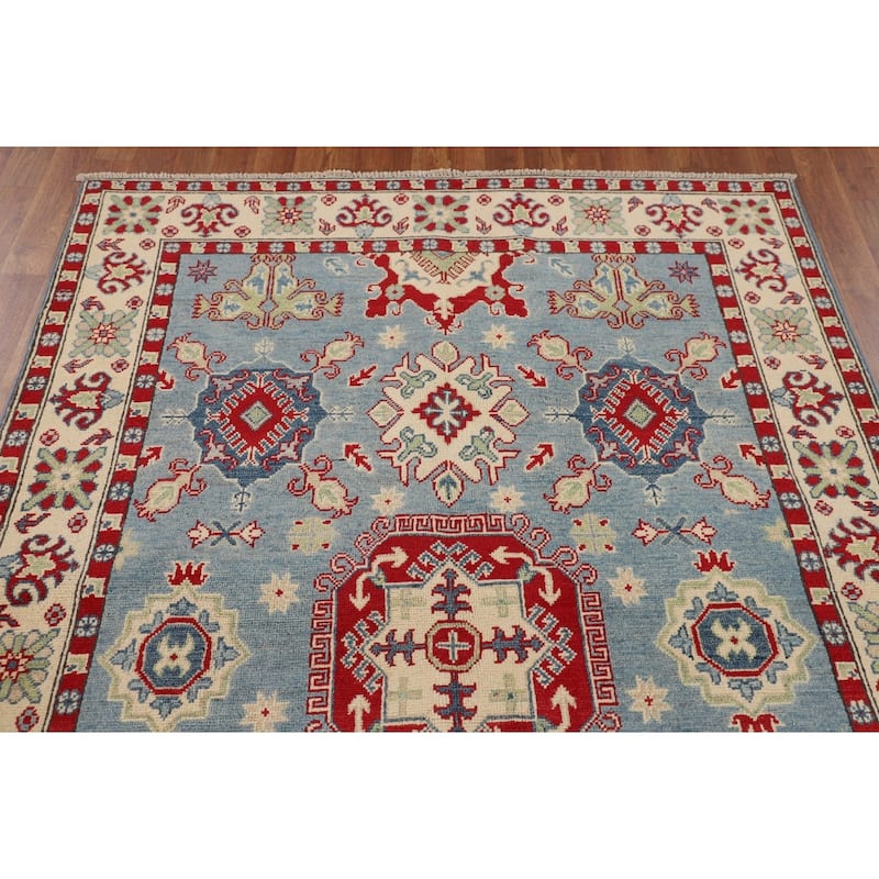 Light Blue Traditional Kazak Oriental Rug Hand-Knotted Wool Carpet - 4'9" x 6'10"