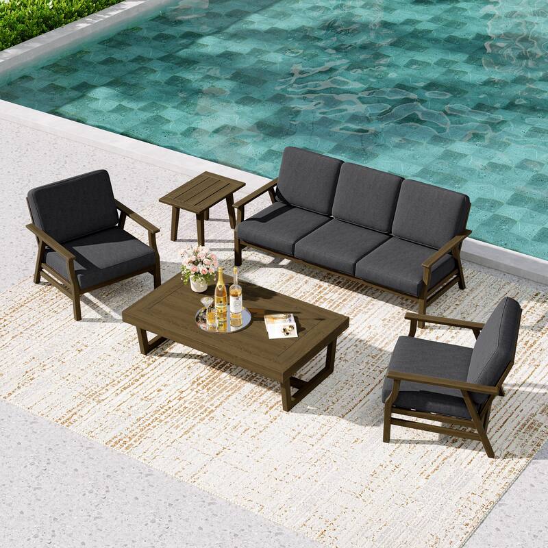 5-Piece Teak Outdoor Conversation Set with Tables. - 5-seat - Dark Grey/Brown Wood