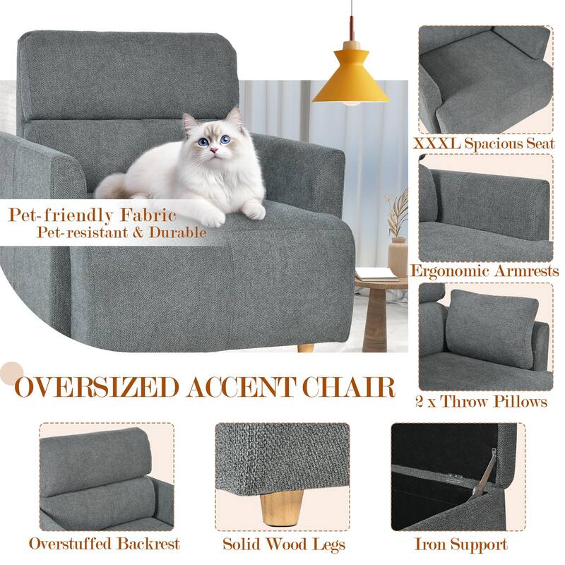 Mid-Century Wide & Deep Seat Accent Armchair with Srotage Ottoman