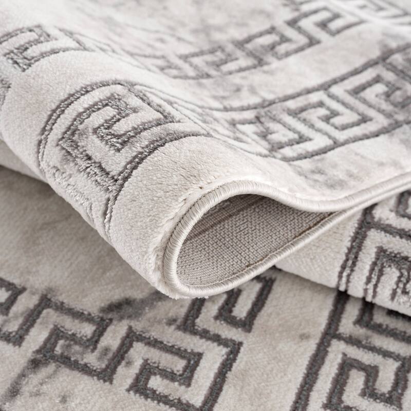 La Dole Rugs Silver Grey Ivory Abstract Marble Bordered Modern Greek Area Rug For Living Room Bedroom Hallway Runner