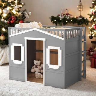 Elegant Twin Size House Loft Bed With Ladder and Guaranteed, Health and Comfort, Sturdy Construction & Unique Design, Gray+White