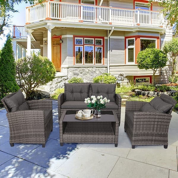 slide 1 of 10, Gymax 4PC Rattan Patio Conversation Set Cushioned Outdoor Furniture - See Details Grey