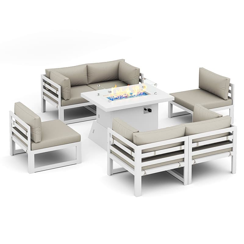 FINCATI Modern 7 Piece White Aluminum Outdoor Furniture Set with Propane/Natural Gas Firepit Table