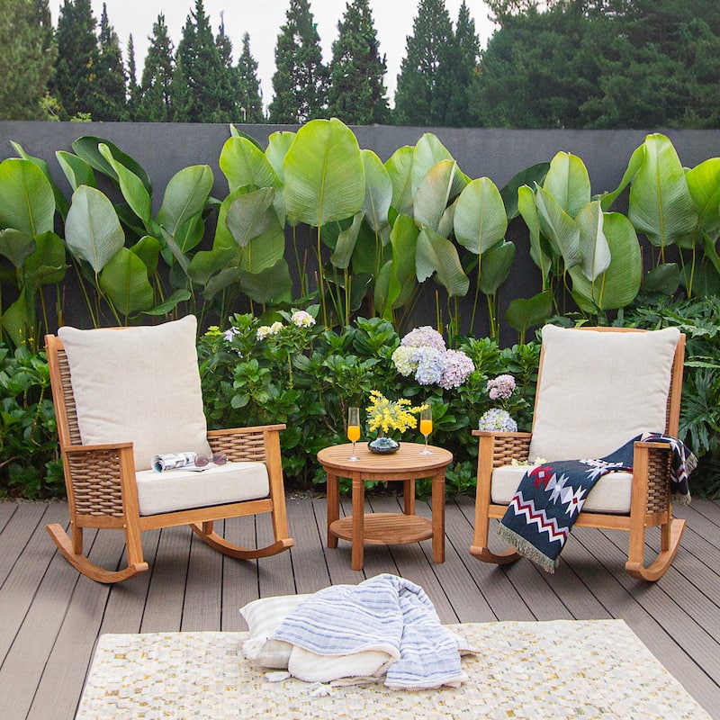 Cambridge Casual Camden 3-Piece Teak Outdoor Rocking Chair Set - Natural Teak/Tan Cushion