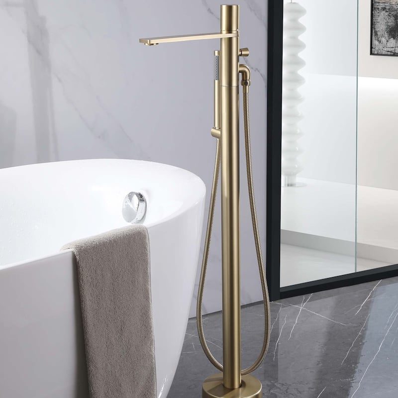 Rbrohant Freestanding Bathtub Faucet with Hand Shower Floor Mount Tub Filler - Brushed Gold