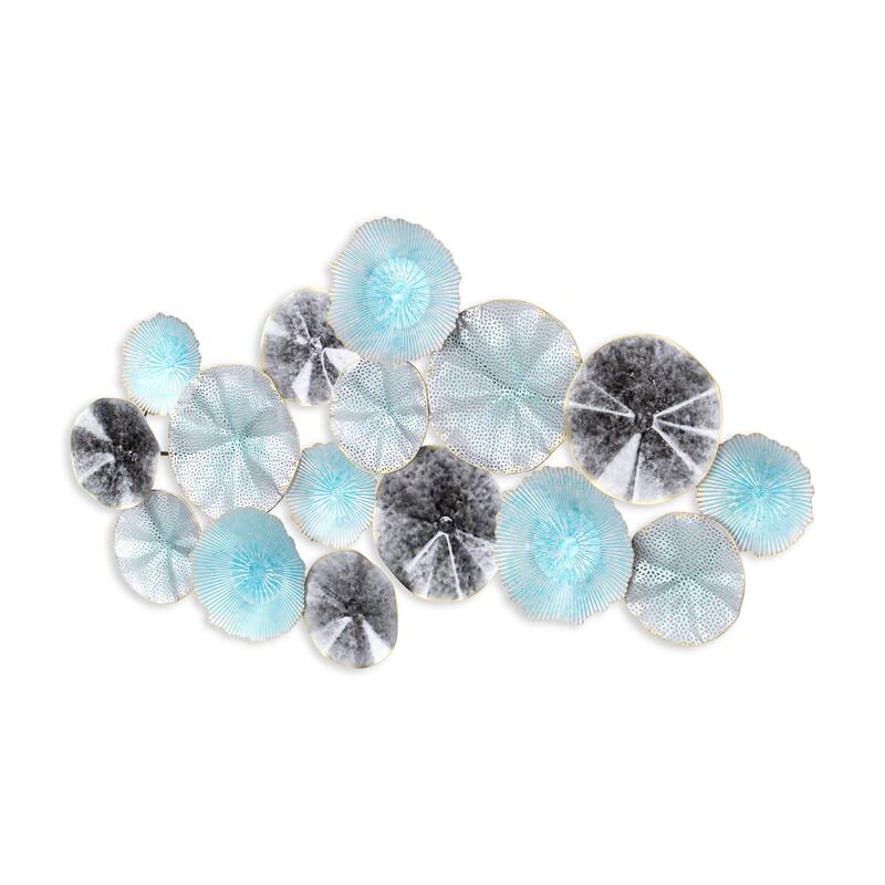 HomeRoots 24" X 44" Aqua Charcoal And Silver Abstract Metal Round Discs Hanging Dimensional Sculpture