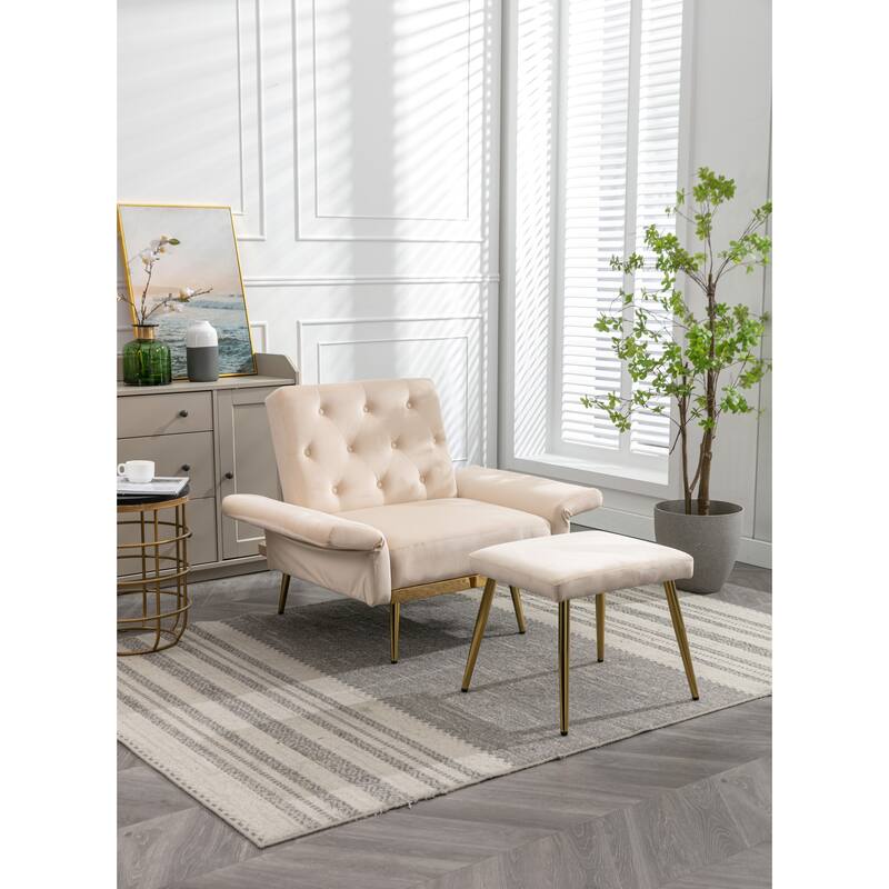 Velvet Accent Chair with Adjustable Armrests and Backrest, Button Tufted Lounge Chair, Single Recliner Armchair with Ottoman