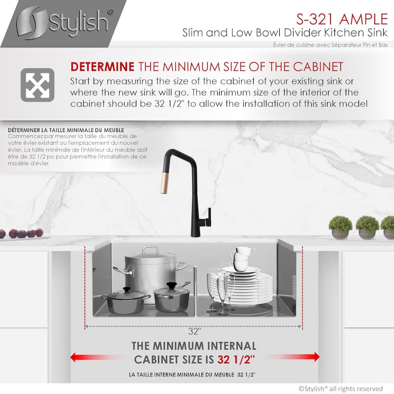 STYLISH 32 inch L x 18 inch W Stainless Steel Double Basin Low Divider Undermount Kitchen Sink with Grids and Strainers