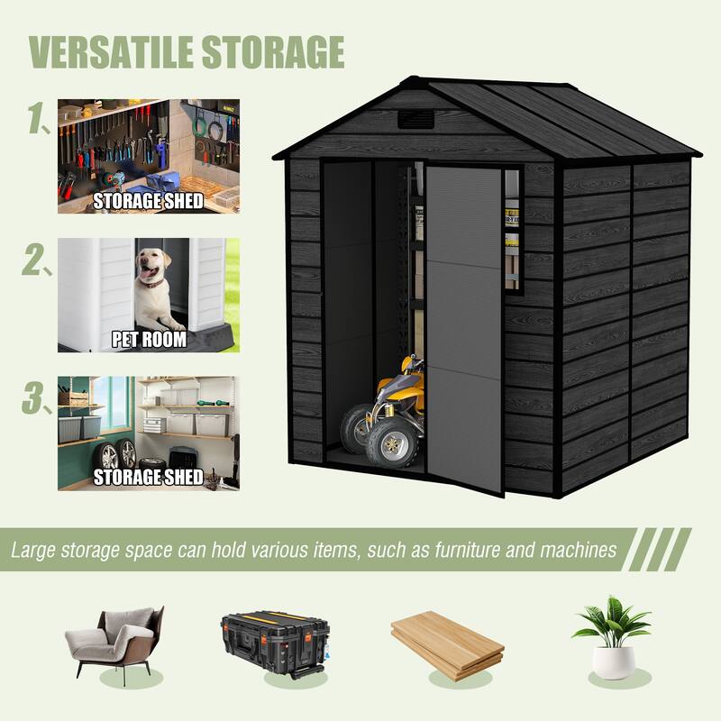 6*6ft Resin Storage Shed, High Quality Pp Material, Waterproof, Rust And Uv Proof, Large Storage Space, 12mm Thick Pp Board