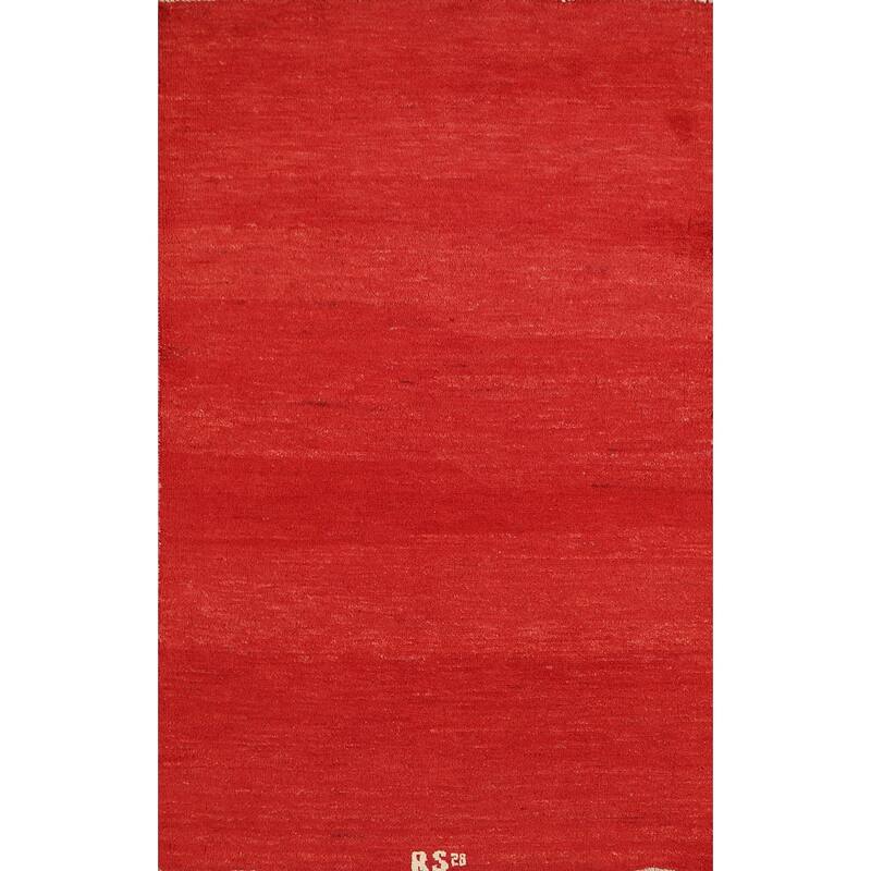 Modern Red Gabbeh Oriental Rug Hand-Knotted Wool Carpet - 3'1" x 4'10"