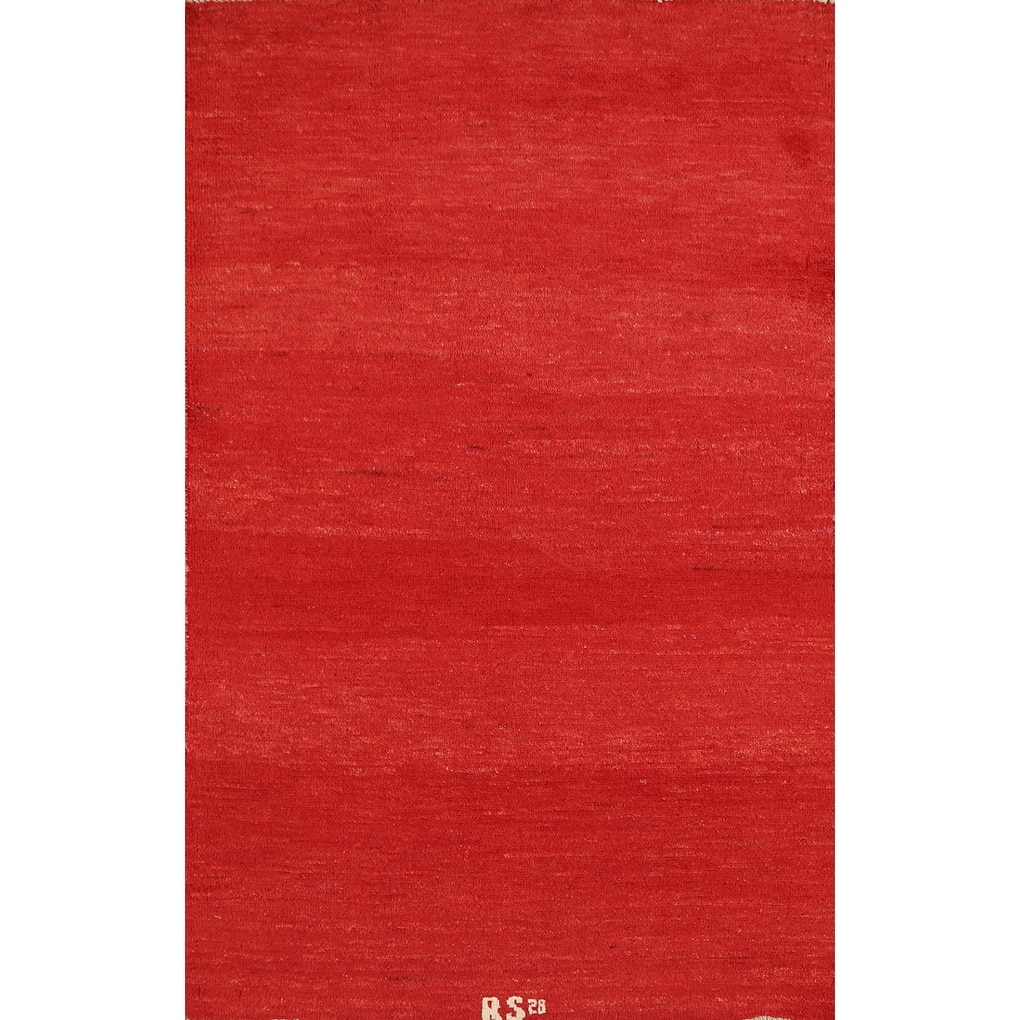 Modern Red Gabbeh Oriental Rug Hand-Knotted Wool Carpet - 3'1" x 4'10"