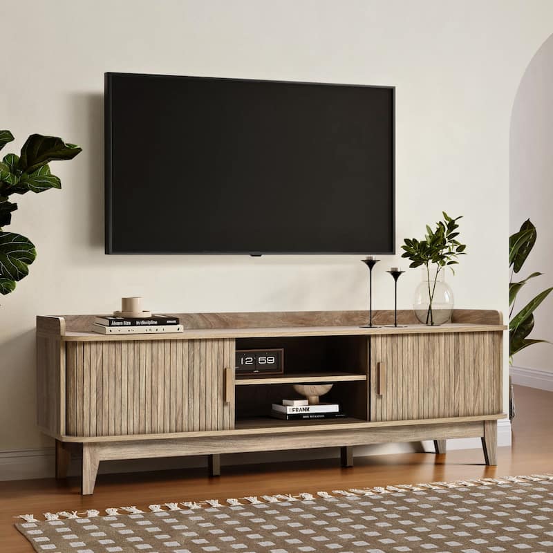 Mid-Century Modern Tambour-Style 2-Door TV Stand and Console with Raised Sides, Oak - 20.9" H x 63" W x 15.7" D