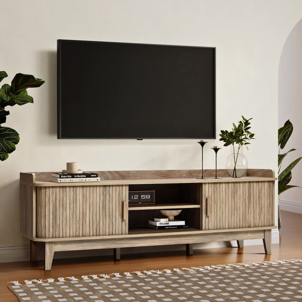 Mid-Century Modern Tambour-Style 2-Door TV Stand and Console with Raised Sides, Oak - 20.9" H x 63" W x 15.7" D