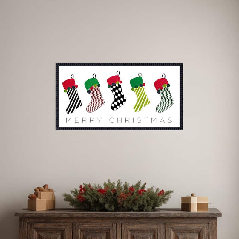 Christmas Stockings by Patricia Pinto (27 x 14 in.), Framed Canvas Wall Art Print - Sylvie Beaded Black