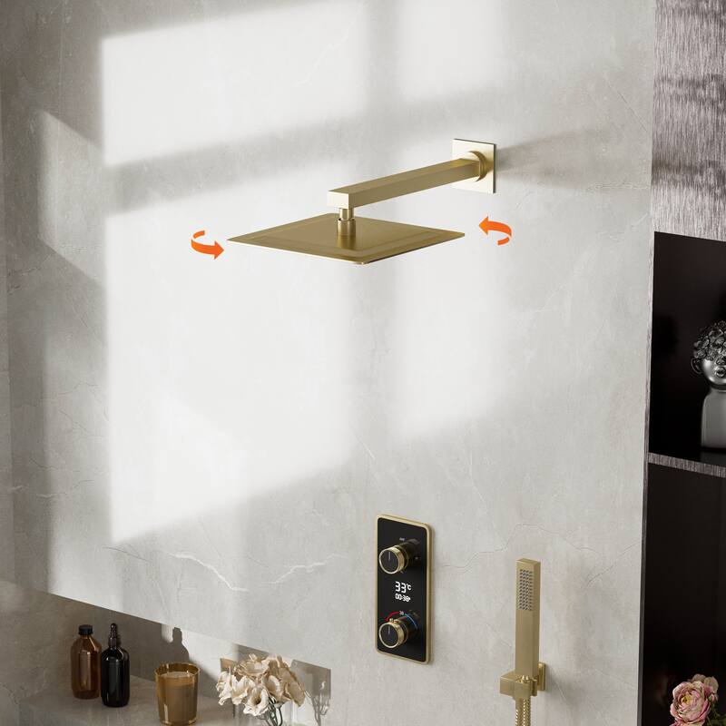 3-Way Thermostatic Complete Rainfall Shower System with Rough in-Valve Rain Shower Heads,Black/Gold