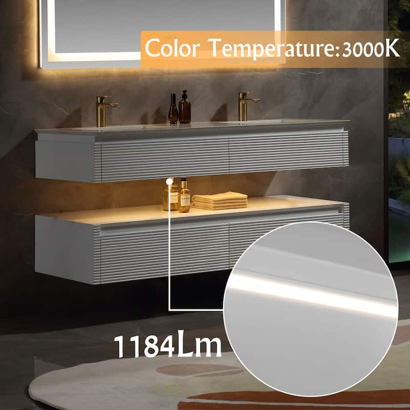 Modland 36/48 Inch LED Floating Vanity with Marble Top & Soft-Close Drawer - Green/White, Wall Drain Ready