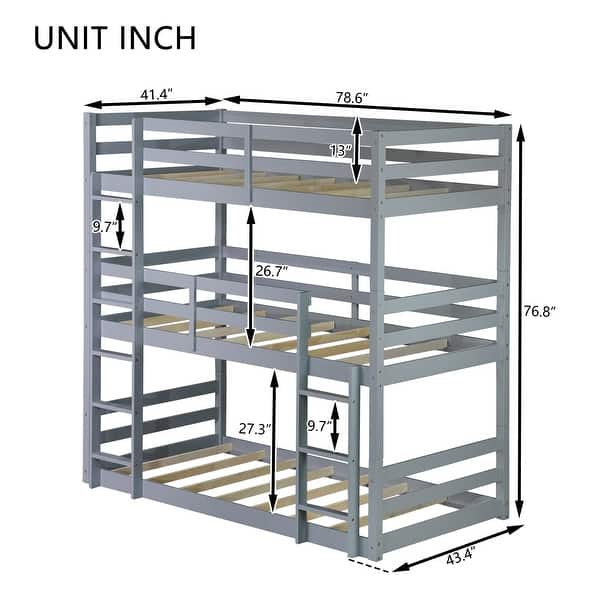 dimension image slide 2 of 3, Elegant Twin over Twin over Twin Triple Rubber Wood Bunk Kids Bed with Two Built-in Ladders and Guardrails