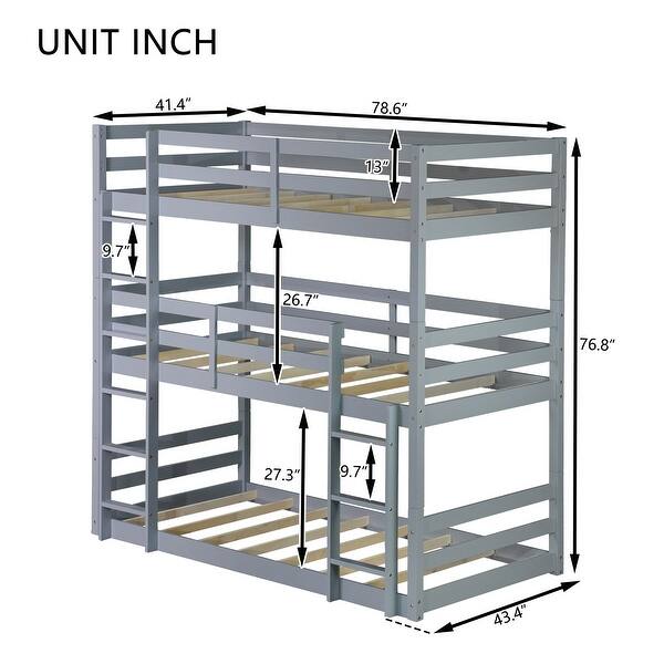 dimension image slide 1 of 2, Grey Triple Rubber Wood Bunk Bed with 2 Built-in Ladders, Guardrails, Twin over Twin over Twin, Detachable Triple Twin Bed