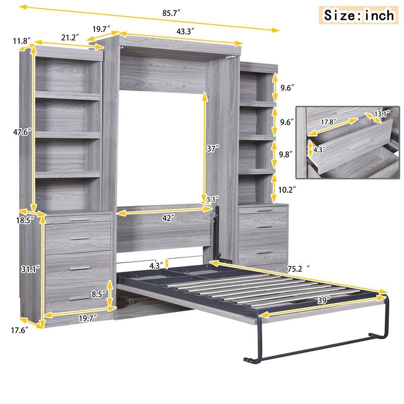 Clever Design Murphy Bed with Multiple Storage Shelves and Drawers,Twin/Full Size