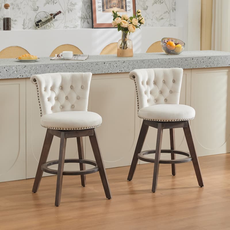 26" Counter Height Bar Stools Set of 2, 360°Swivel Stools with Back & Hand - Tufted Button - Trimmed Edges